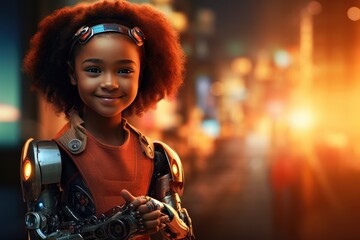 Wall Mural - back to school concept, human kid use robot for simplifying life with ai generative ai
