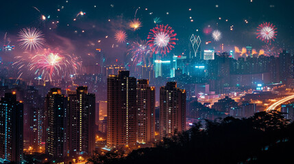 Wall Mural - A stunning cityscape at night with colorful fireworks lighting up the sky, symbolizing the joyous celebration of Chinese New Year in an urban setting. 