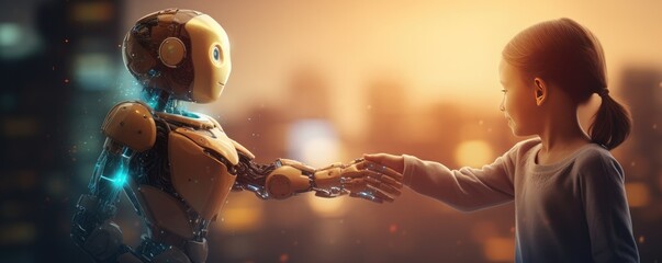 Back to school concept, human kid use robot for Simplifying life with ai banner panorama Generative Ai