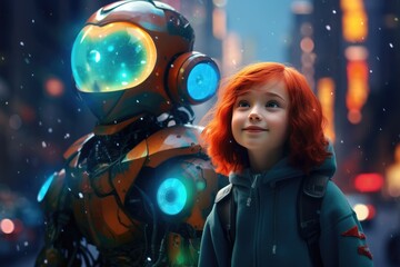 Wall Mural - back to school concept, human kid use robot for simplifying life with ai generative ai