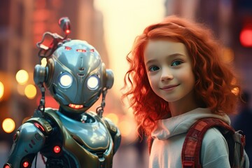 Wall Mural - back to school concept, human kid use robot for simplifying life with ai generative ai