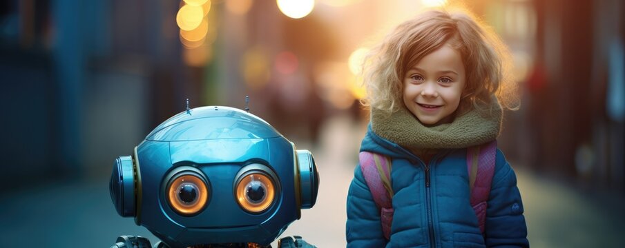 Back to school concept, human kid use robot for Simplifying life with ai banner panorama Generative Ai