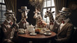 A sophisticated group of giraffes dressed in formal attire, sipping tea and engaging in polite conversation at a high-end tea party, 