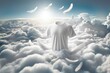White shirt flying in clouds with feathers and providing whiteness and deep cleaning. Washing clothes and bleaching 