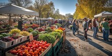An Early Morning Farmers Market Scene, Bustling With Vendors And Customers, Fresh Produce On Display, Capturing The Essence Of Local Commerce And Community. Resplendent.