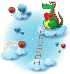 Wall Mural - Sky landscape with clouds, dragon in love and ladder. Fantasy illustration vector eps10