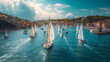 A regatta, with a bustling marina as the background, during a summer sailing festival