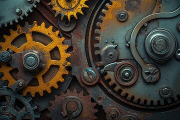Poster - Retro black and white background of industrial cogs or gears with movement