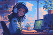 Young teeager girl with sits at table with computer at home, pixel art anime style