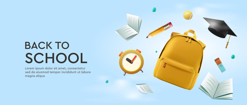 Back to school. Bright web banner with school supplies. Flying stationery on blue clouds background. Advertising of educational institutions, shops selling school attributes, vector illustration