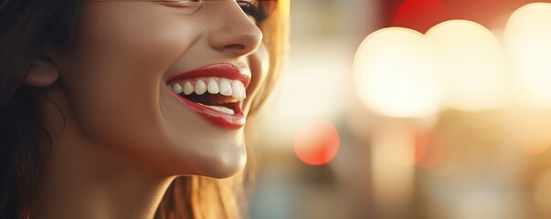 Portrait of happy women with perfect smile with nice white teeth, panorama banner. Generative Ai.