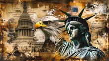 American Eagle With United States Of America Flag And Statue Of Liberty Background