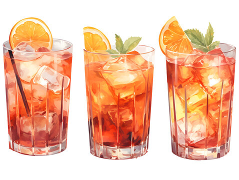 Watercolor hand painted orange cocktail in glass with slice fruit orange, green leaves, cubical ice. Isolated clip art of goblet with aperol spritz for menu in restaurant, cafe. Alcohol beverage drink