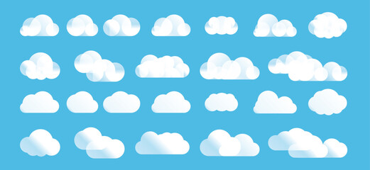Wall Mural - set of gradient cartoon clouds in a flat design. abstract white cloudy set isolated on blue backgrou