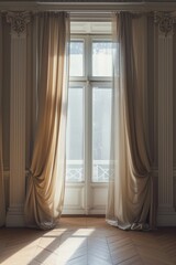 Poster - A room with a large window and curtains. Perfect for interior design projects or showcasing natural light.
