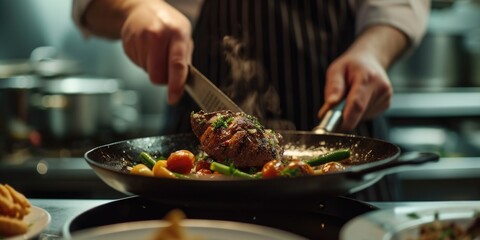 Poster - A person is shown in a kitchen, preparing food in a skillet. This image can be used to depict cooking, meal preparation, or culinary skills