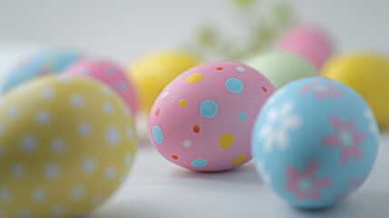 Poster - A collection of vibrant Easter eggs arranged on a clean white background. Perfect for Easter-themed designs and celebrations