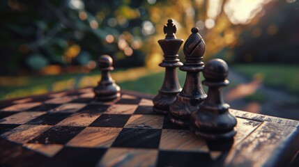 Poster - A close up view of chess pieces on a chess board. Suitable for illustrating strategic thinking and decision-making concepts