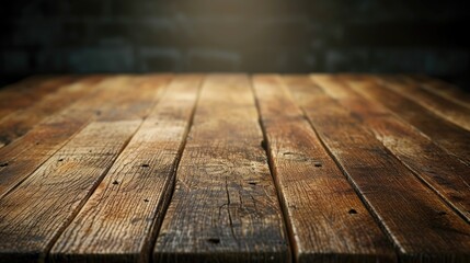 Poster - A wooden table set against a brick wall. Perfect for adding a rustic touch to any space