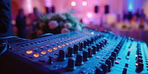 Poster - A detailed view of a sound board in a room. Perfect for music production or audio engineering projects