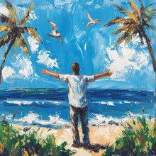 A Painting Of A Man Standing On A Serene Beach. Perfect For Travel Brochures Or Inspirational Wall Art