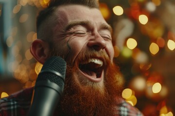 Poster - A man with a beard passionately singing into a microphone. Perfect for music-related projects or performances