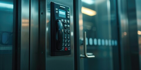 Poster - A close-up view of a door with a phone attached. This image can be used to depict communication or technology concepts