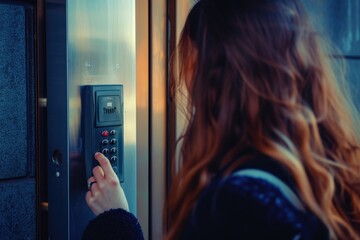 Poster - A woman is pressing a button on an elevator. This image can be used to illustrate concepts such as convenience, modern technology, or everyday life