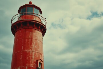 Poster - A picture of a red light house with a cloudy sky in the background. Suitable for various uses