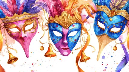 Poster - A painting of three carnival masks with bells. Perfect for adding a festive touch to any celebration or event