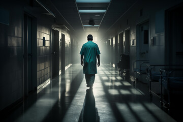 back view of a doctor walking down a dark hospital corridor