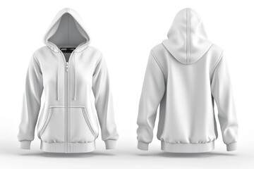 A white hoodie with a zipper on the front and back. Can be used for fashion, casual wear, or sportswear