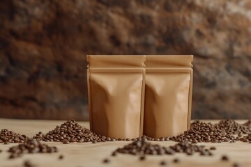 Poster - Two bags of coffee sitting on top of a table. Perfect for coffee lovers and cafe scenes