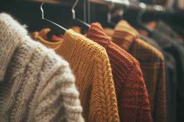 Aufkleber - Sweaters hanging on a rack, ready to be worn. Perfect for showcasing a collection or highlighting different styles.