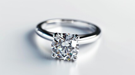 Poster - A sparkling diamond ring placed on a pristine white surface. Perfect for engagement and wedding-related projects