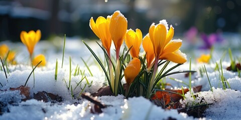 Poster - Yellow flowers contrast beautifully against the snowy landscape. Perfect for winter-themed designs
