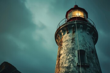 Poster - A lighthouse with a beam of light shining from the top. Suitable for various uses