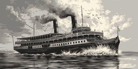 Aufkleber - A black and white drawing of a steam ship. Suitable for vintage or nautical-themed designs