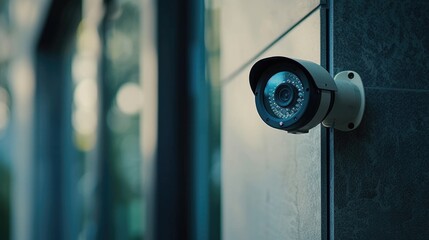 Poster - A security camera mounted on the side of a building. Suitable for surveillance and security-related projects
