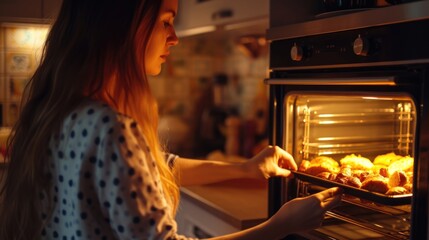 Canvas Print - A woman is seen removing a tray of food from an oven. This image can be used to showcase cooking, meal preparation, or home baking