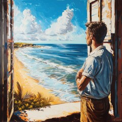 Poster - A painting of a man gazing out a window, captivated by the view of the ocean. Perfect for adding a sense of tranquility and contemplation to any project