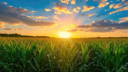 Poster - A beautiful sunset over a vibrant corn field. Perfect for agricultural, nature, and landscape themes
