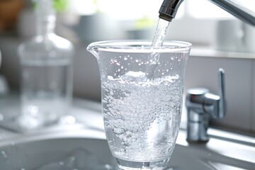 Poster - A glass filled with water sitting on top of a sink. Suitable for use in home improvement or kitchen-related projects