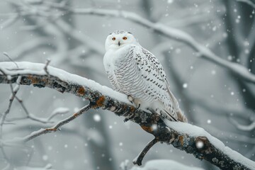 Aufkleber - a white owl perched on a branch in a snowy environment. suitable for nature and wildlife-themed proj
