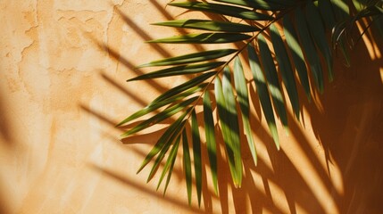 Poster - A palm leaf casts a shadow on a wall. Perfect for adding a touch of nature to your designs