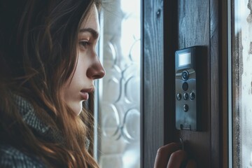 Poster - A woman is seen looking out a window, contemplating something. This image can be used to depict curiosity, introspection, or a moment of reflection