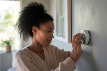 Poster - A woman is seen adjusting a knob on a wall. This versatile image can be used to illustrate concepts such as home improvement, interior design, or technology