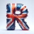 Glasss letter R in color of United Kingdom flag. AI generated illustration