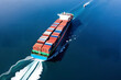 © D - Aerial view of a cargo ship sailing in the calm blue sea with containers on deck