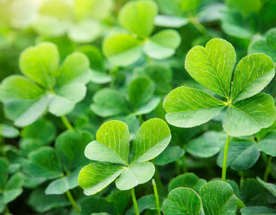 Green clover leaves in the garden. Natural background with copy space